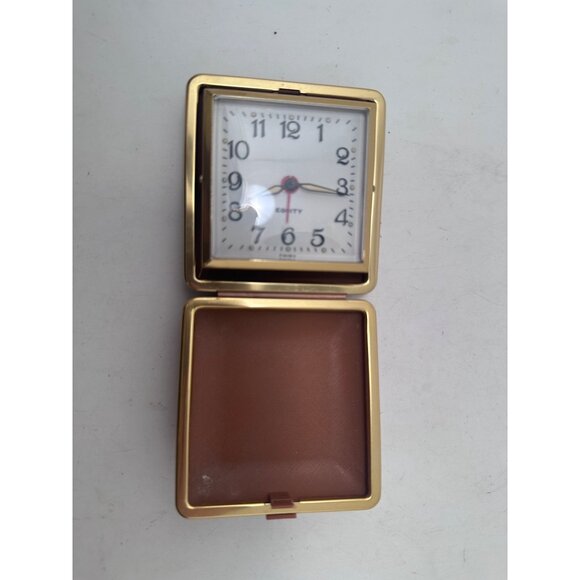 Vintage Equity Travel Alarm Clock Gold-Tone Case Brown Faux Leather Cover Fold U - Picture 6 of 9